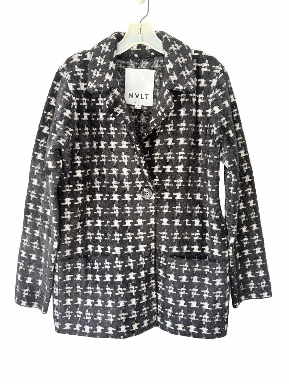 NVLT Fuzzy Knit Houndstooth BlacK White Two Button Blazer Jackets medium small